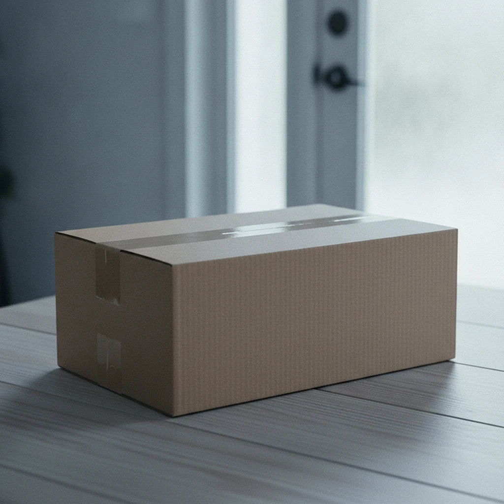 A neat plain kraft parcel box placed on a table near a bright home entryway