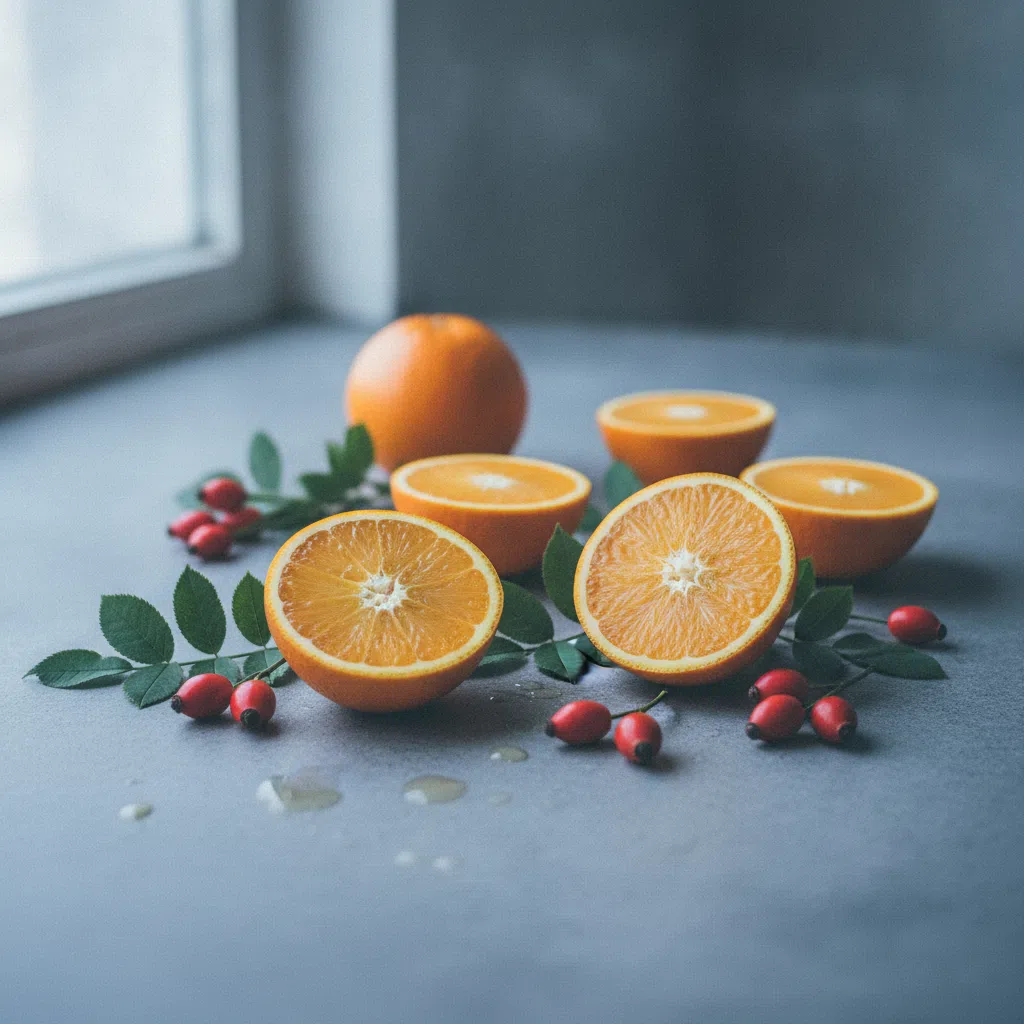 Fresh oranges, rosehip berries and green leaves arranged on a light stone kitchen table
