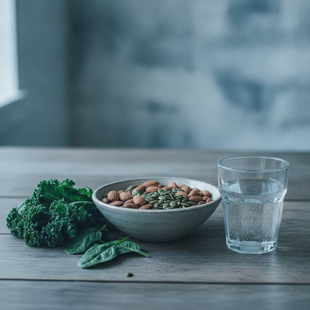 Ceramic bowls of almonds, pumpkin seeds and dark leafy greens on a wooden kitchen surface